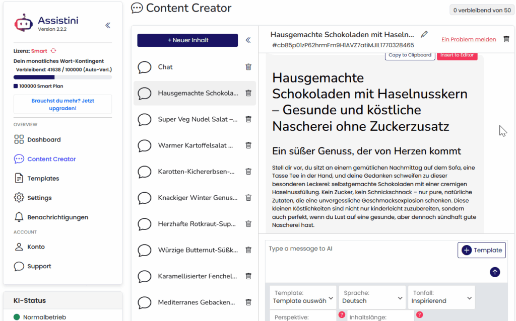 Assistini Templates Rezept Prompt: Erstellter Beitrag