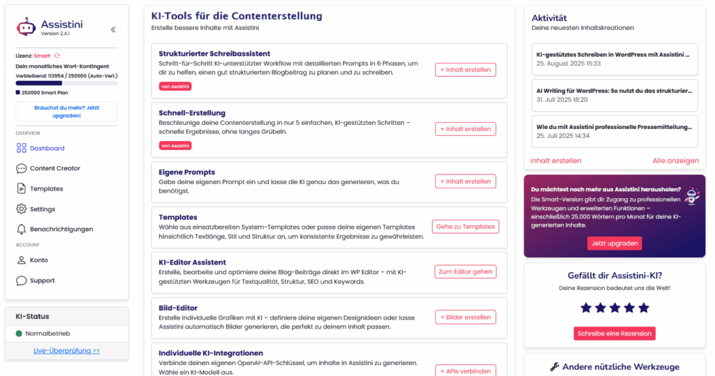 Assistini Dashboard: AI Tools für Content Creators. Eontenterstellung in WordPress