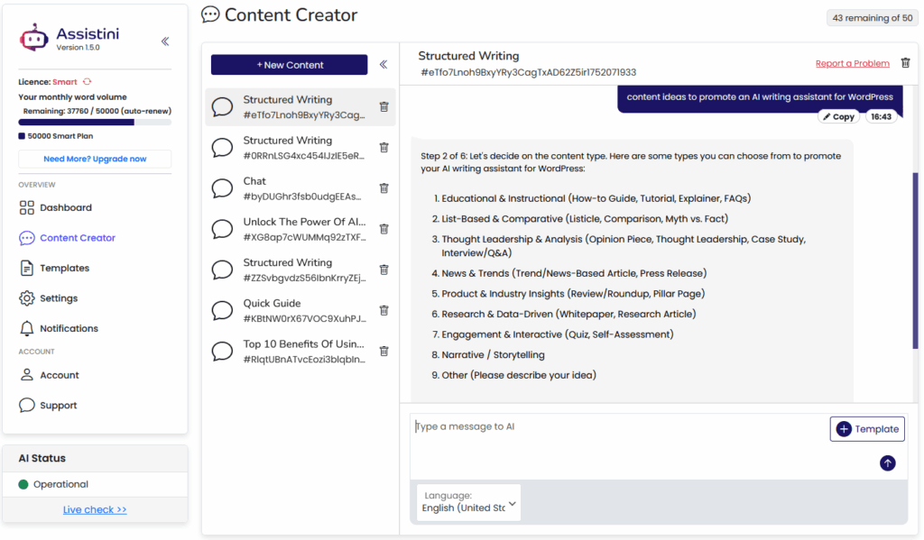 Assistini Dashboard: showing the structured writing mode step 2 