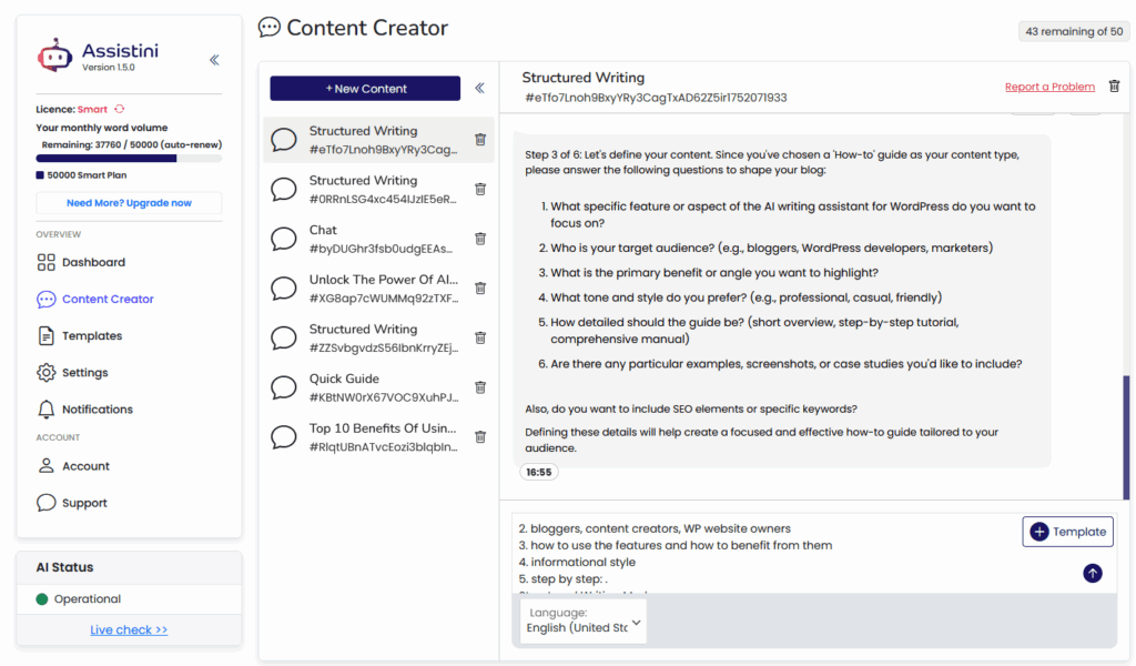 Assistini Dashboard: showing the structured writing mode step 3