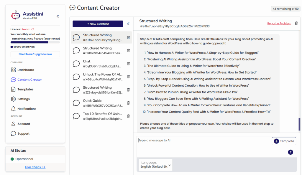 Assistini Dashboard: showing the structured writing mode step 5