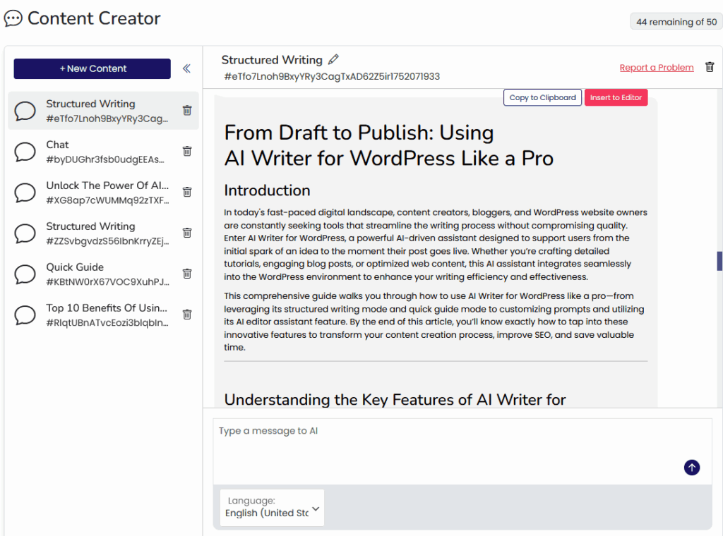 Assistini Dashboard: showing the structured writing mode step 6: final text