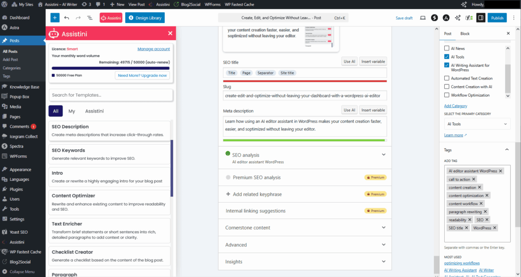 Assistini AI Editor Assistant example: checking SEO optimization and keywords