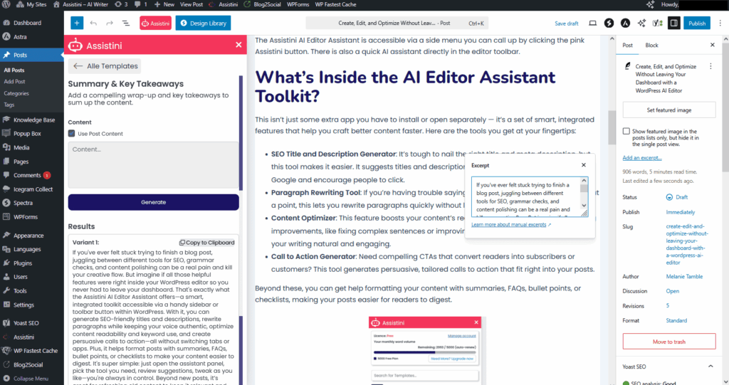 Assistini AI Editor Assistant example: generating summary