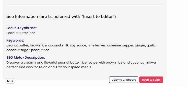 Assistini SEO information at the end of the generated post: these will be automatically transfered to the corresponding editor fields.