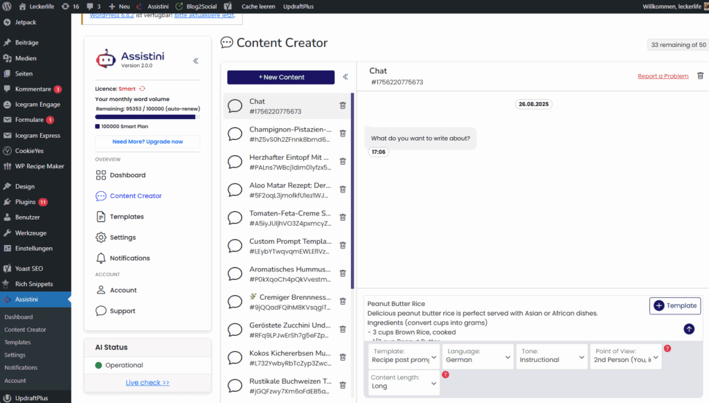 Assistini templates: Pick template from library "Generate Content" and add only the content specifics (the template handles the rest)