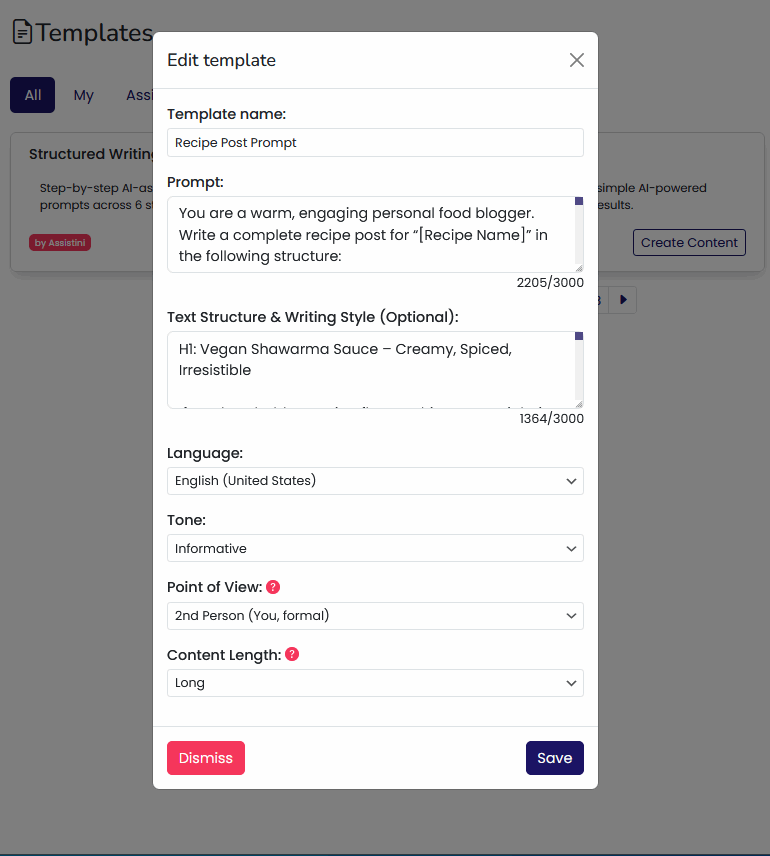 Assistini AI Writing tools showing example template for a food blog