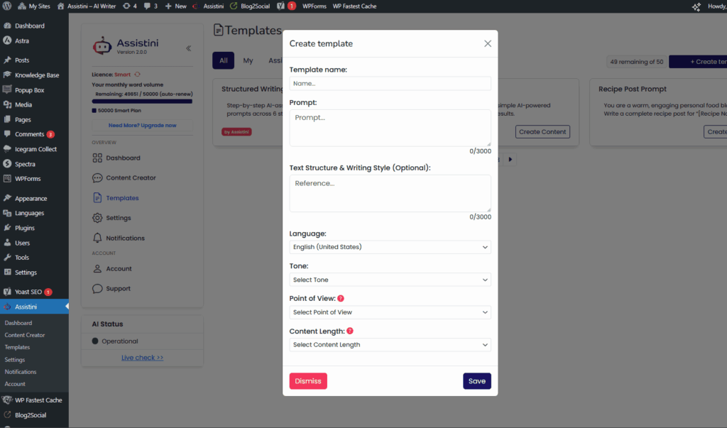 Assistini template library: create template: Define prompt, structure, tone, POV, and length once—reuse forever