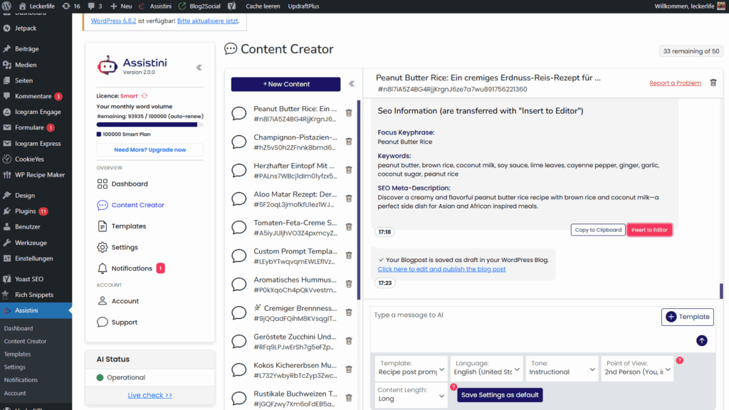 Assistini templates: One click moves content and SEO into your post.