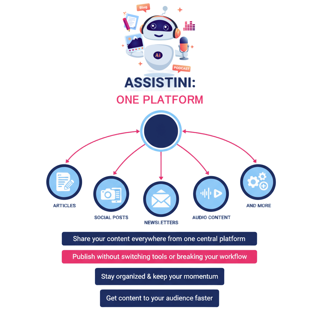 Assistini AI content  workflow from one central platform Central Content Flow