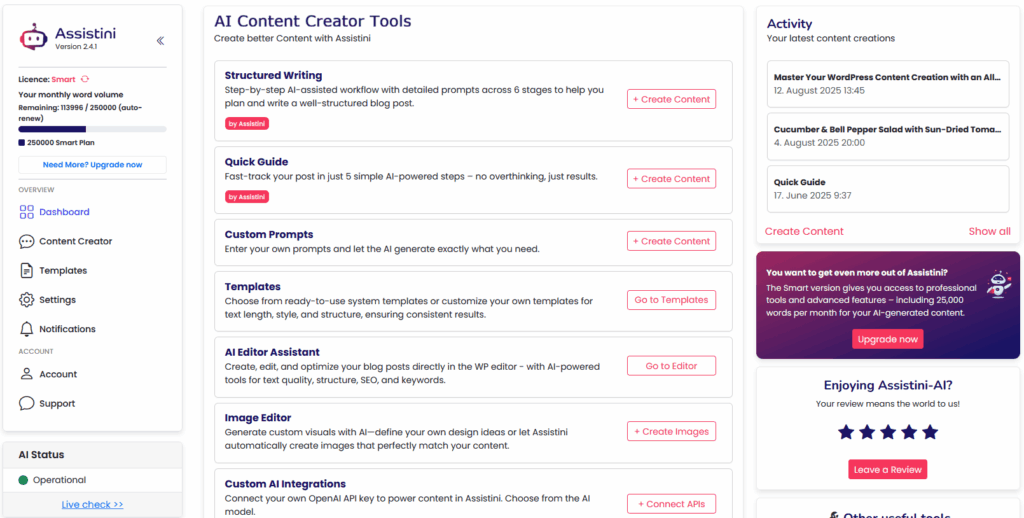 Assistini Dashboard: AI Content Creator Tools for WordPress